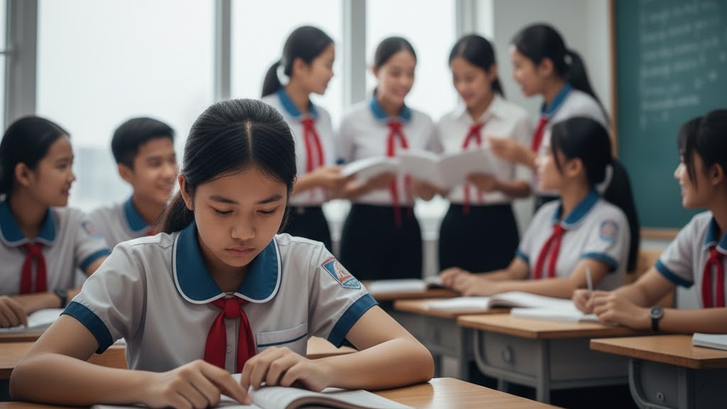Trẻ buồn và im lặng trong lớp học tiếng Anh cấp 2, cảm thấy bị bỏ lại phía sau.